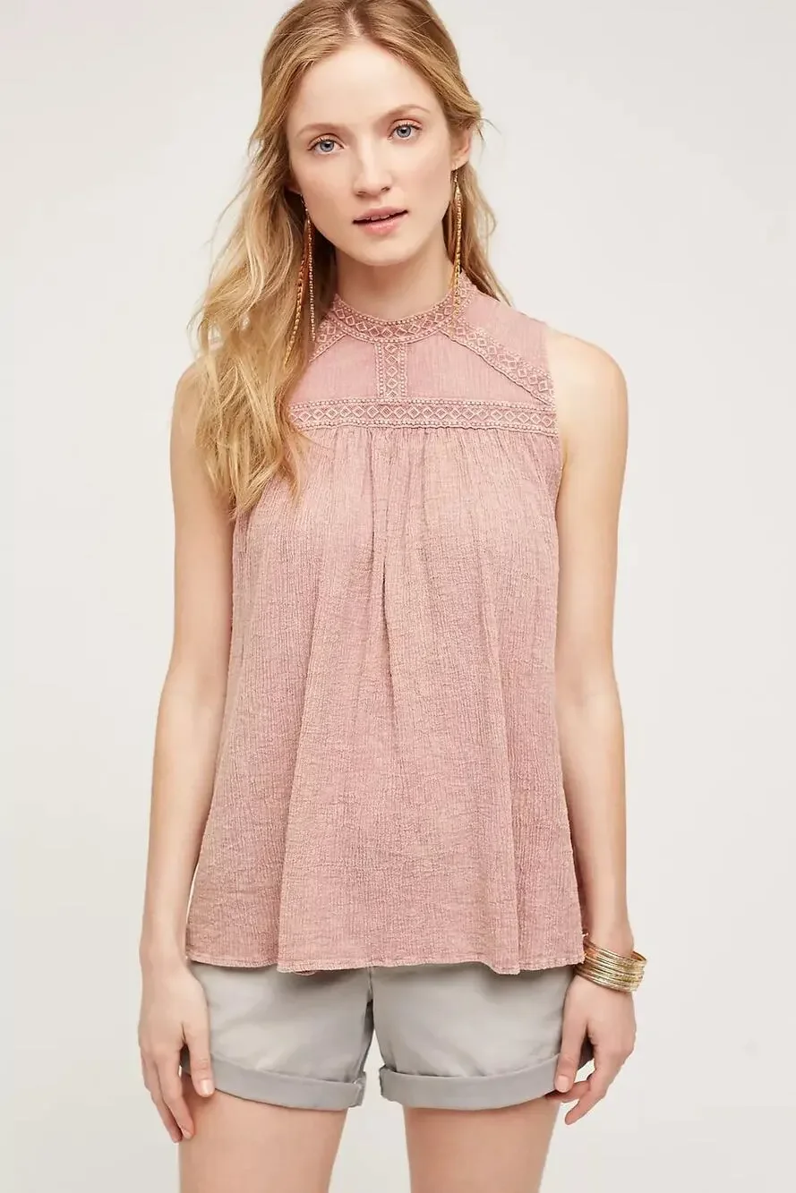 Anthropologie Eri + Ali Sweetbriar Blush Pink Embroidered Tunic Tank Blouse XL